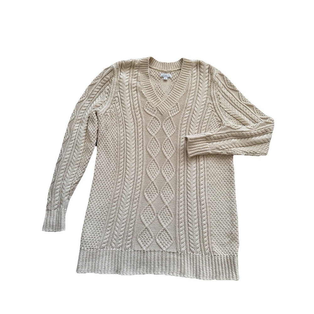 LL Bean Women's Sweater Large‎ Signature Cotton Fisherman Cable Knit Beige Cream
